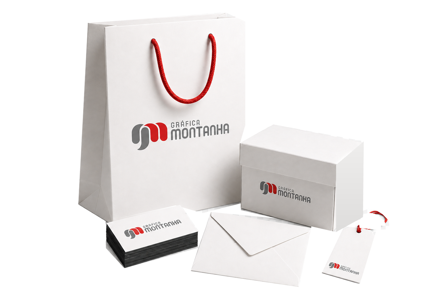 Sacola, caixa, cartões, envelope e tag personalizados pela Gráfica Montanha